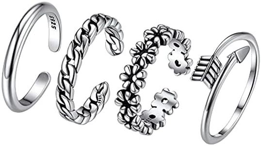 PROSILVER 925 Sterling Silver Toe Rings for Women, Non Tarnish Silver Toe Rings, Open Adjustable Flower Toe Ring for Summer Beach, 4pcs Set
