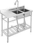 Freestanding Sink With Faucet and Drainboard, Utility Stainless Steel Kitchen 2 Bowl Sink With Workbench, Station Sink With Storage Shelves, for Restaurant, Cafe, Bar, Hotel, Garage, Laundry Room