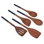 Chef Pomodoro Cooking Wooden Utensils, Spoons, Spatula for Kitchen, 5-Piece Set, 12" (30 cm) Long, Non Stick Cookware Tools or Utensils Includes Wooden Spoon, Spatula, Fork, Slotted Turner (Dark Blue)