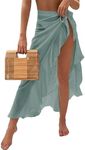 OYOANGLE Women's Mesh Sheer Swimsuit Cover Up Ruffle Tie Side Beach Sarong Wrap Long Skirt Pure Green Large