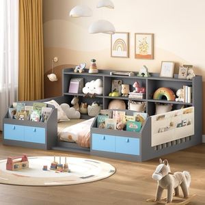 AOGLLATI Twin Floor Bed Frame for Kids, Wooden Montessori Bed Frame for Toddlers with Storage Shelves,Sides Bookshelves,Safety Guardrail & 6 Fabric Drawers, No Box Spring Needed, Without Slats, Grey