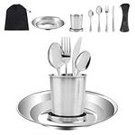 6 in 1 Camping Cutlery Set, Stainless Steel Utensils Set with Portable Pouch, Plate Cup Spoon Fork Knife Tableware Kit for Outdoor Hiking and Picnic and Indoor Use