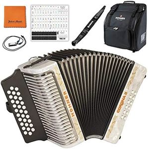 Hohner 3500GW Corona II G/C/F Diatonic Accordion - White Bundle with Hohner Bag, Strap, Mini Harmonica, Juliet Music Polish Cloth & Piano Key Stickers