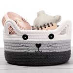 Zopeal Cat Basket Storage Woven Basket Organizer with Ears Decorative Pet Toy Cute Basket Cotton Rope Basket for Gift Cat Dog Toy Bin Nursery Room Kid (White, Light Gray and Gray,8.3 x 4.7 Inch)