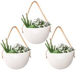 Peohud 3 Pack Hanging Wall Planter Ceramic, 7 Inch Succulent Wall Planters with Leather Cord, Wall Flower Plant Pots Decor Plant Holder for Herb Air Plant Live, Home Office Decor, Indoor, Outdoor