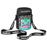 Pokemon Shoulder Bag Cross Body Bag for Kids - Adjustable Strap Kids Pikachu Small Travel Bag - Gamer Gifts (Black Bulbasaur)