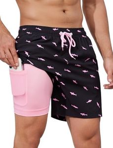 SILKWORLD Mens Swim Trunks Compression Lined Bathing Suits Quick Dry Swim Shorts with Zipper Pockets, Black Pink Fish, Medium