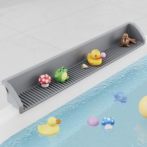 NFETLLD 3 Ft Bathtub Splash Guard for Tub Kids, Bath Tub Toy Holder Storage Play Shelf, Longer Silicone Water Splash Guard for Bathtub with Strong Suction Cups, No Mess Water Spill in Bathroom, Grey