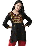 Ada Indian Traditional Chikankari Handmade Women's Cotton Top Tunic Shirt Blouse A911117, 2XL, Black