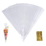 SHOKUTO 100Pcs Cone Bags, 25 x 13cm Clear Cello Treat Bags with Gold Twist Ties, Sweet Transparent Cellophane Bags, Triangle Goody Bag for Party Candy Snacks Chocolates Popcorn Cookies