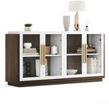 BELLEZE Sideboard Buffet Cabinet, Modern Wood Glass-Buffet-Sideboard with Storage, Console Table for Kitchen, Dining Room, Living Room, Hallway, or Entrance - Brixston (White)