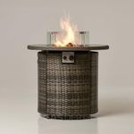 REALGLOW Grey Coreglass Rattan Gas Fire Pit - 13KW Round Tempered Glass Surface Propane Standing Fire Pit - w/Wind Guard, Lava Rock & Waterproof Cover - Space Heater for Garden, Deck, Outdoor Bars