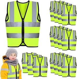 15 Pcs Kids Safety Vest Children's High Visibility Vest with Zipper Toddler Reflective Vest Neon Vest with Reflective Strips Kids Construction Vest for 3-10 Yeas Old Kids Cycling Running, Green,