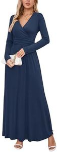 OUGES Womens Long Sleeve V-Neck Wrap Waist Maxi Dress(Navy,S)