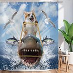 ASDCXZ Shower Curtain Funny 180x180 cm, Funny Dog Ride Shark Ocean Adventure Washable Textile Bathroom Curtains Polyester Fabric Waterproof Shower Curtains for Bathtub with 12 Shower Curtain Hooks