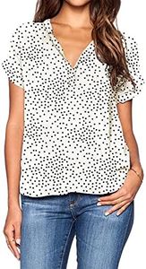 LILBETTER Women Chiffon Blouse V Neck Short Sleeve Top Shirts(Flower White Dot,Medium)