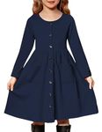 Arshiner Girl's Dresses Fall Button Down Swing Midi Dress with Pockets Navy Blue 11-12 Years