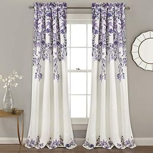 Lush Decor Tanisha Curtains - Light Filtering Window Panel Set, Pair - Floral Vine Print, Beautiful, Modern, Elegant Home Decor - 52" W x 84" L, Purple & Gray