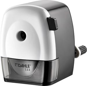 Dahle 133 Manual Standard and Oversized Pencil Sharpener - Adjustable Point, Shavings Cup, Mounting Clamp - for Home and Office Use - Black White