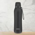 Borosil Hydra Rivera Black 600 ml Stainless Steel Water Bottle | Double Wall Vacuum Insulated Flask, Leakproof, Wide Mouth with Strap | 6 Hours Hot & Cold | 1 Year Warranty