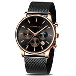 CRRJU Men's Watch Six-pin Multifunctional Chronograph Wristwatches,Stainsteel Steel Band Waterproof Watch for Men Black dial