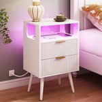 JOONEE White Nightstand with Charging Station and LED Lights,Modern Bedside Table with 2 Storage Drawer and Open Wood Shelf, for Bedroom and Small Spaces,Night Stand with Solid Wood Legs, White