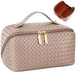 TEUEN Large Capacity Travel Cosmetic Bag, Lay Flat Makeup Bag, PU Leather Lining Waterproof Portable Cosmetic Travel Bags for Women with Handle and Divider