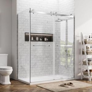 56"-60"W x 32"D x 76"H L-Shape Double sliding Shower Door,Polished Chrome