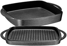 Bruntmor 2-in-1 Pre-Seasoned Cast Iron Dutch Oven and Grill Pan with Dual Handles - 11-Inch Non Stick Square Casserole Dish with Lid - Cast Iron Cookware for Braising, Crock Pot and Oven Safe Skillet