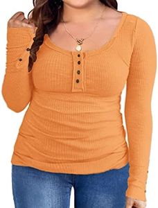 Women's Plus Size Henley T Shirts Long Sleeve Button Down Tunic Blouse Loose Fit Tops Scoop Neck Ribbed Knit Shirts, Yellow, 3X-Large