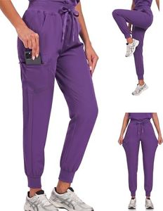 VECARDI Women's Scrub Jogger Pants High Waisted Stretch Nurse Work Bottoms 5 Pockets Elastic Waist Slim Fit Dark Purple