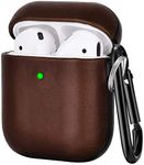 V-MORO Compatible with Airpods Case, Genuine Leather Airpods Case with Keychain for Airpods 2 & 1, Front LED Visible, Protective Cover Skin Dark Brown