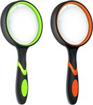 2 Pack 10X Magnifying Glass for Seniors & Kids, Non-Slip Handheld Magnifier for Reading, 75mm Magnify Glasses Lens for Close Work, Science and Hobby Observation（Green and Orange