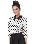 Allegra K Women's Polka Dots Contrast Peter Pan Collar Top 3/4 Sleeves Blouse Shirt White L-16