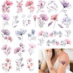 Jeffdad 20 Sheets Flowers Temporary Tattoos Stickers, Watercolor Floral Fake Tattoos for Women's Body Art Arm Back