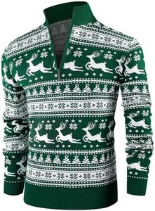 NITAGUT Mens Slim Fit Zip Up Mock Neck Polo Sweater Casual Long Sleeve Sweater and Pullover Sweaters with Ribbing Edge,Christmas Elk Green,XX-Large