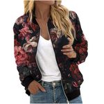 Mrat Floral Bomber Jacket Women Full Zip Coats Sportswear Tops Jacket Long Sleeve Hoodless Coats Outwear Ribbed Collar Casual Sweatshirts Jacket Leisure Coats Loose Baseball Jacket Black S