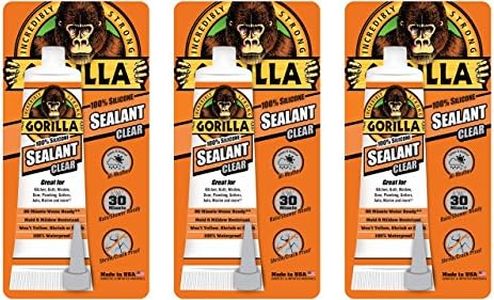 Gorilla 100 Percent Silicone Sealant Caulk, 2.8 ounce Squeeze Tube, Clear, (Pack of 3)