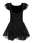 Arshiner Girls Shiny Ballet Leotard Ruffle Sleeve Dance Dress Criss Cross Straps Activewear Black