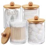 Tbestmax 4 Pack Qtip Holder, 10-Ounce Bathroom Organizer Accessories Storage Containers Clear Plastic Apothecary Jars with Bamboo Lids for Cotton Ball, Cotton Swab, Floss