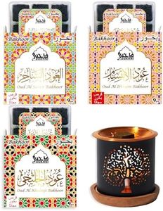 Oud Al Khaleeji, Oud Al Saher, Oud Al Ibtisam Bakhoor by Dukhni - (3 Trays x 9 Piece Each) & Tree of Life Exotic Burner | Perfect for Prayer & Meditation.