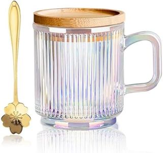 Clear Iridescent Glass Mug with lid Cherry Blossoms Spoon Tea Mugs Coffee Glass Cup Pretty Mug for Milk Latte Chocolate Juice Water, for Women Girl Birthday Christmas Mother`s Day (White)