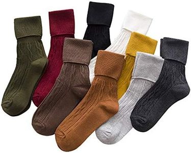 DZALS 9 Pairs Women's Crew Socks Long Knit Turn Cuff Cotton Slouchy Calf socks for Women Girls Ladies, Multicolor, 5-9