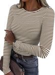 Zeagoo Long Sleeve Tops for Women Brown and White Striped Shirts Fitted Rib Knit T Shirt Basic Tee Undershirt