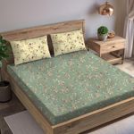 Trance Home Linen 180TC 100% Cotton 78"x60" Standard Queen Size Elastic Fitted Bedsheet | Printed Queen Bed Size Elasticated Fitted Bedspread with 2 Pillow Covers (Queen 78x60 inch, Lilly Green Ivory)