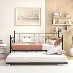 Crocofair Metal Daybed Frame with Trundle,Mattress Foundation with Premium Steel Slat Support,Sofa Bed Frame with Headboard for Living Room Guest Room Bedroom,No Box Spring Needed,Easy Assembly,Twin