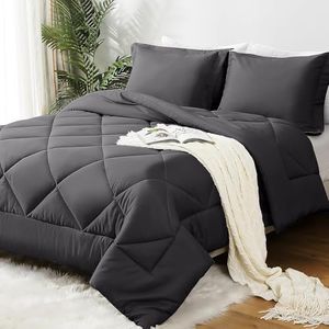 JOLLYVOGUE Dark Grey Reversible Queen Comforter Set, Queen Size 3 Pieces Bedding Comforter Set for All Season, Lightweight & Comfortable Bed in a Bag with 1 Comforter and 2 Pillow Shams