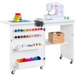 Best Choice Products Folding Sewing Table Multipurpose Craft Station & Side Desk with Compact Design, Wheels, Shelves, Storage Trays, Pegs, Magnetic Doors, Metal Doorknobs - White