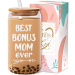 Bset Bonus Mom Glass Cup Gifts for Bonus Mom from Daughter Son - 16 oz Best Bonus Mom Ever Drinking Cup with Lid and Straw - Unique Birthday Gifts Mother Day Christmas for Bonus Mom Gift