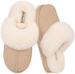 EverFoams Women's Sheepskin Slippers Fuzzy Suede House Shoes Beige,11-12 US
